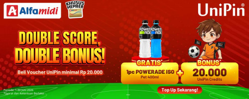 DOUBLE SCORE, DOUBLE BONUS! Cashback 20.000 UniPin Credits + Minuman Segar hanya di Alfamidi!